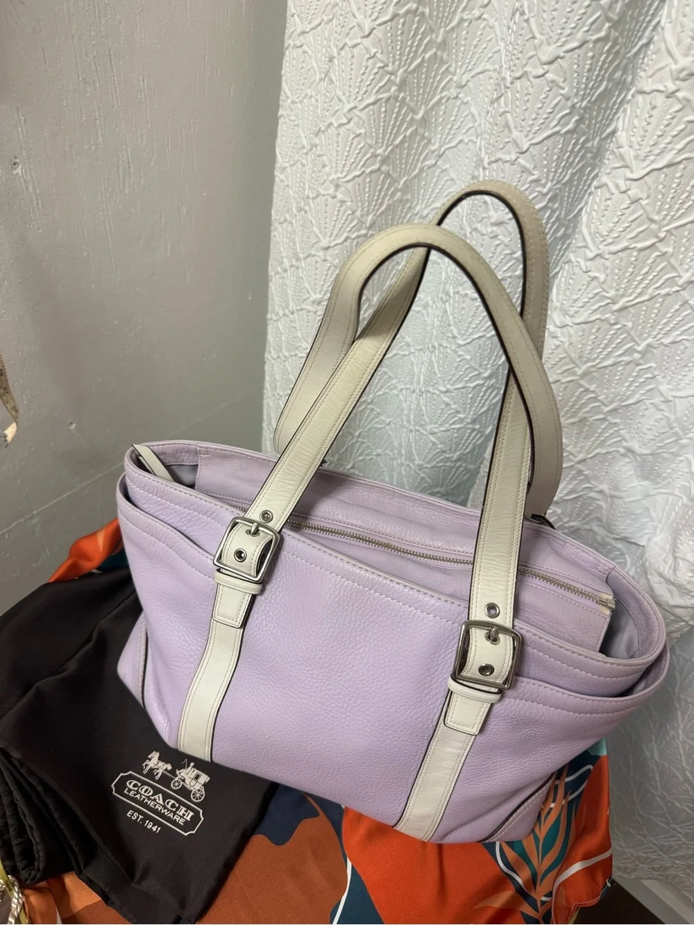 Coach Lilac Leather Tote with Cream Trim and Straps